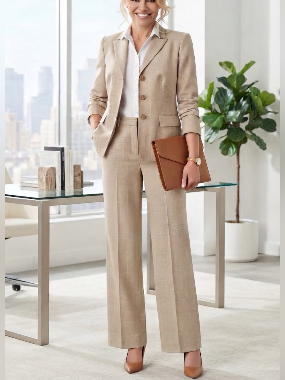 NWOT VTG 90s Suit Studio Kasper Beige Pinstripe Suit Set Neutral Blazer Pants 12